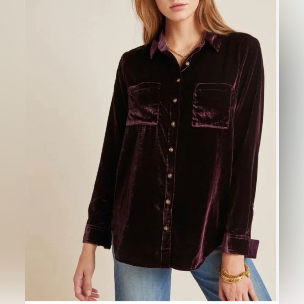 Maeve Anthropologie Karina Velvet Button Down Shirt US  6